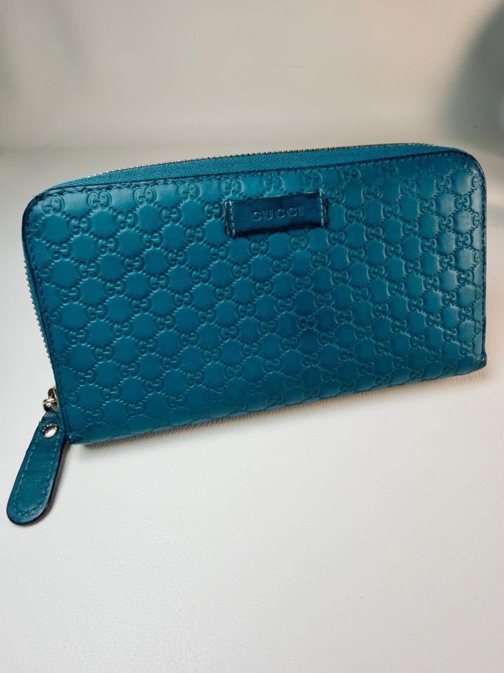 Gucci Microguccissima Leather Zip Around Long Wallet Teal Blue Micro GG